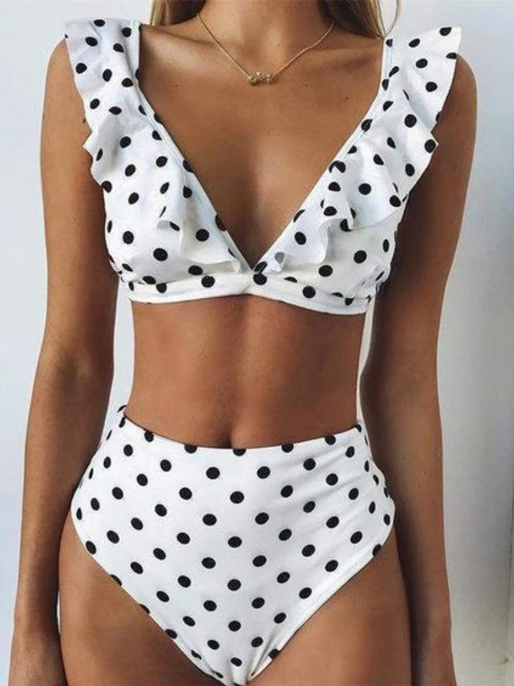 

FORERUN Swimwear Women 2022 Ruffle Bikinis Set Polka Dot Printed Separate Swimsuit High Waist Bottom Beachwear