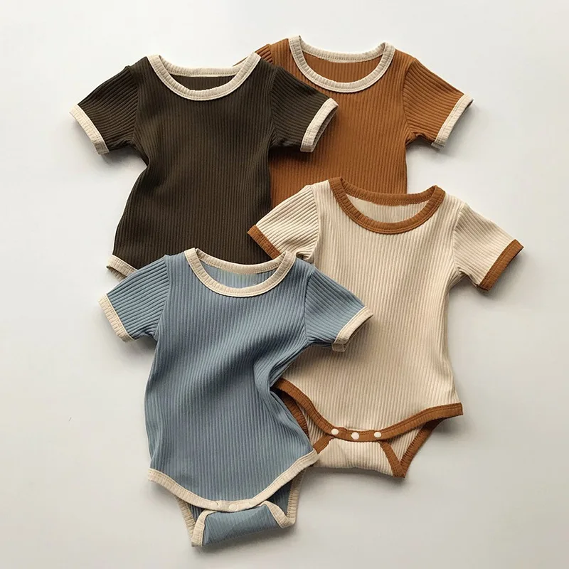 2022 Summer New Baby Solid Bodysuit Infant Short Sleeve Bodysuit Soft Comfortable Newborn Boy Girl Ribbed Bodysuit Baby Clothes