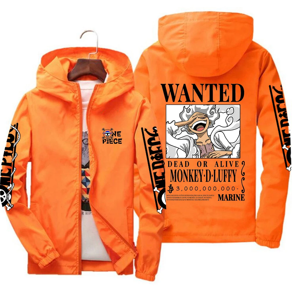Фото Аниме One Piece: Ветровка с капюшоном с изображением Монки Д. Луффи в форме поискового ордеров на него в форме Gear 5, мужская повседневная легкая куртка на молнии, уличная одежда One Piece. №5