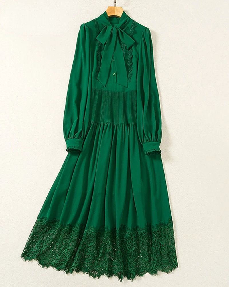 

Elegant Bow Collar Full Sleeve Bohemian Holiday Vestido Runway Fashion Spring Lace Patchwork Long Chiffon Dress Green Women