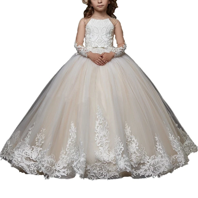 

Lace Flower Girl Dresses Primera Comunion Wedding Party Little Bride Dress Kids Ball Gown Long Sleeve Girls Pageant Dress