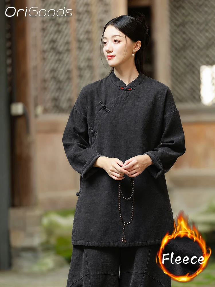 OriGoods флисовая рубашка женская рами хлопок китайская традиционная одежда длинное