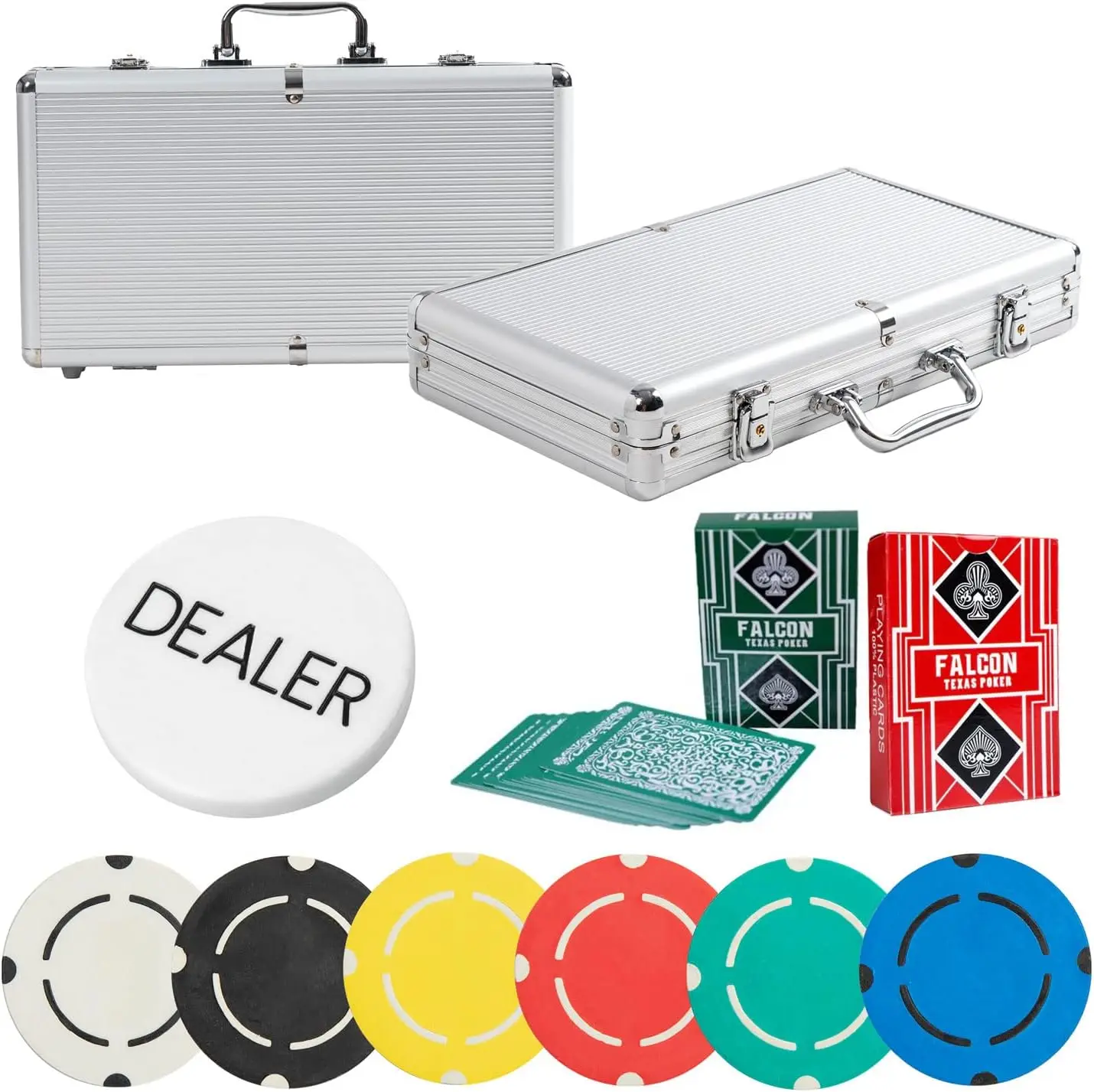 

Casinokart Premium Clay Chips Set Without Denomination for Texas Hold\u2019em, 300 Pieces, Shock Resistant Case, 2 Decks of Pl