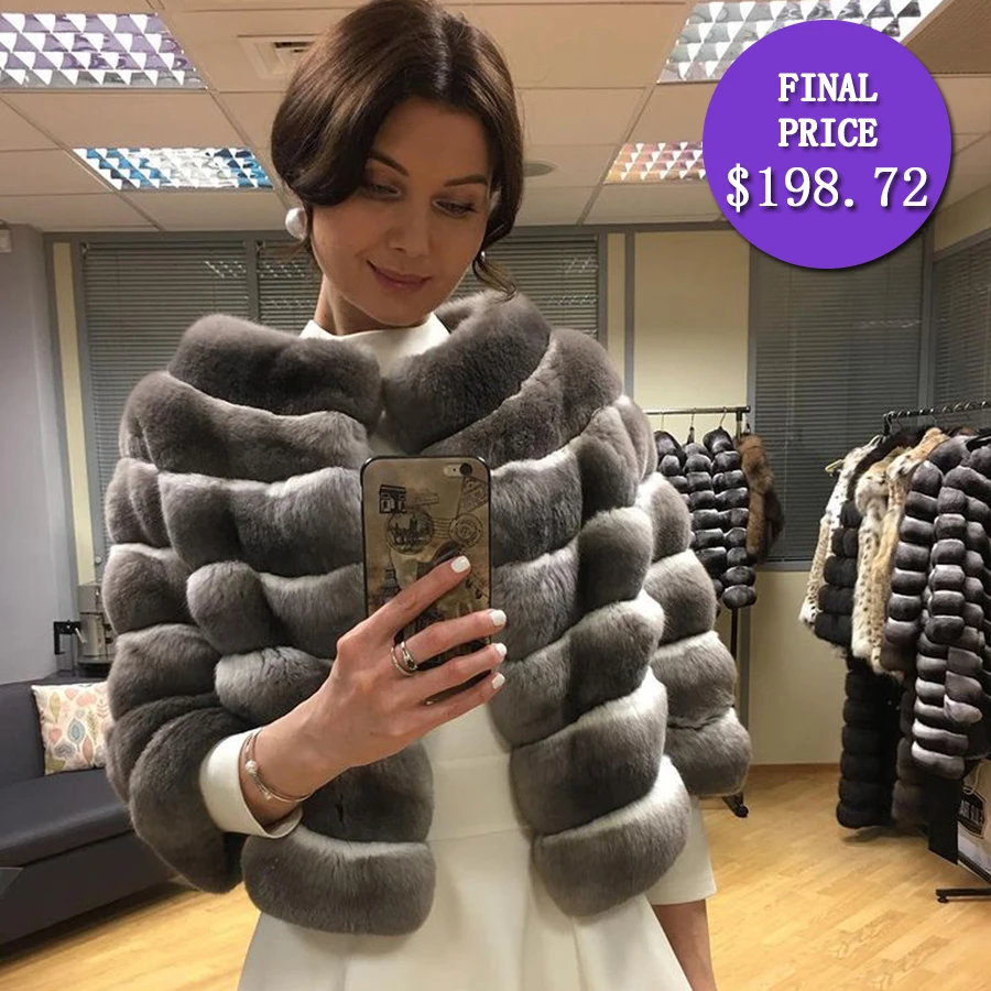 

Cropped Fur Coat Women Real Rex Rabbit Fur Jacket 2022 Hot Style Winter Fashion Outwear Classic Round Collar