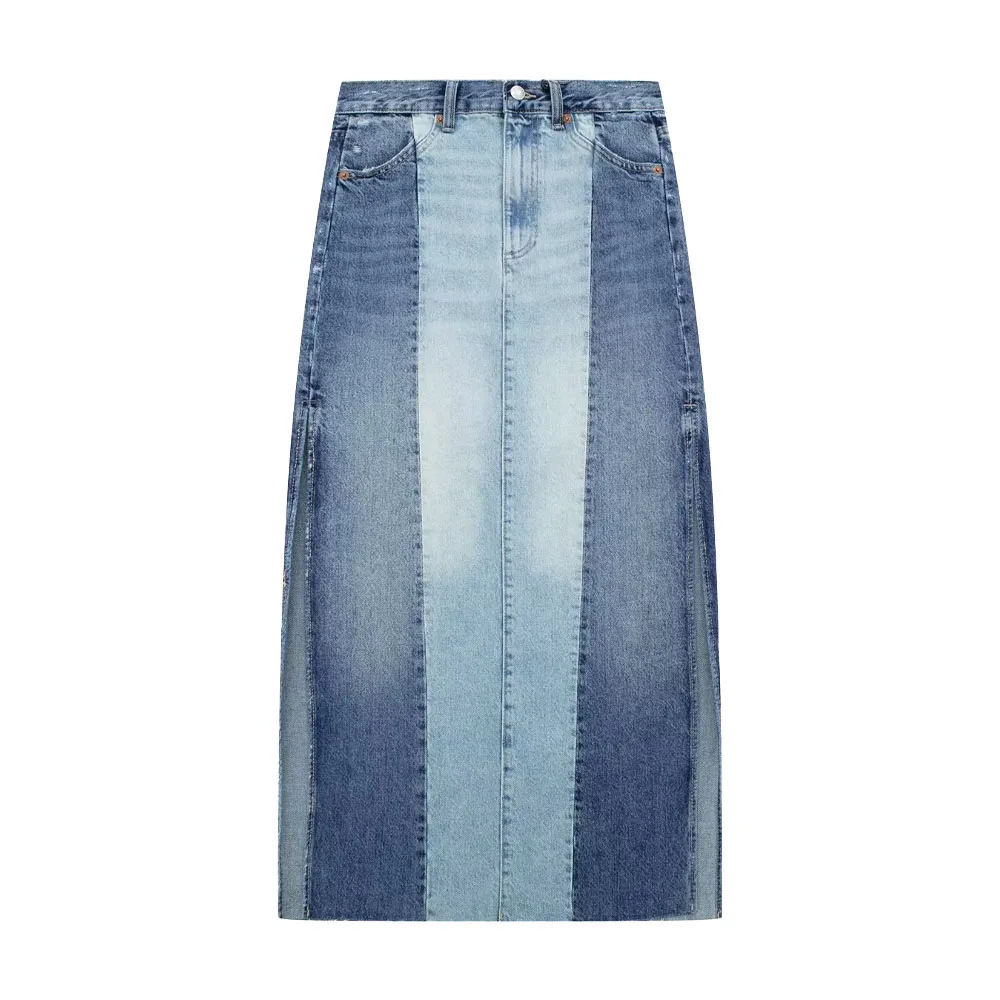 

TRAF WOMEN 2023 Spring/Summer Fashion New Patchwork Denim Skirt Slit Design Sense Elegant Female Chic High-waisted Skirt 8197035