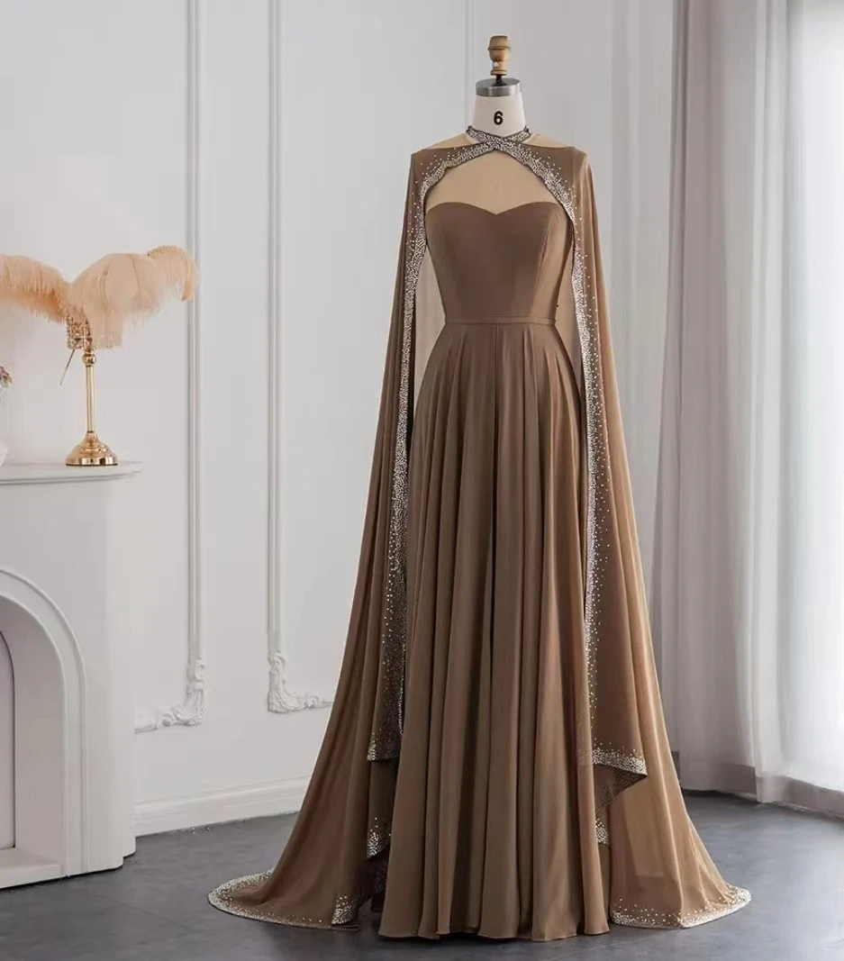 

AsaNagi Champagne Colour Silk Chiffon Prom Dresses Sleeveles With Long Cape Ball Gown Lady Elegant Dress Saudi Arabic 2023