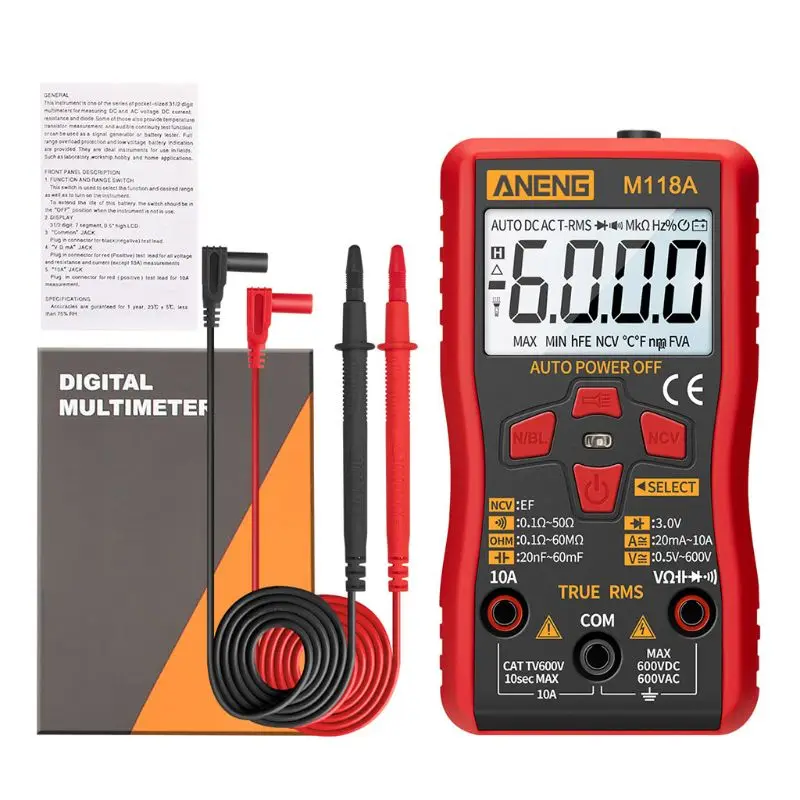 

M118A Digital Multimeter Auto Range True RMS NCV Tester AC DC with Flashlight