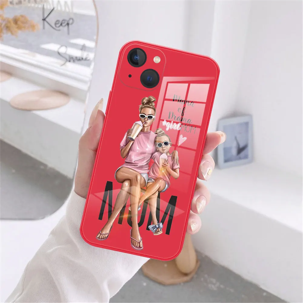 

Stylish Beautiful Girl Pretty Mom Red Toughened Glass Anti-fall Case Suitable for IPhone 11 12 13 14 Pro Max 12 13 Mini