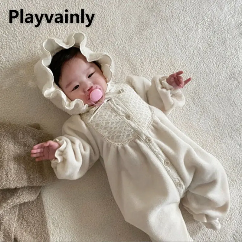 

Осенне-зимнее флисовое боди для маленьких девочек, однобортное боди с кружевным воротником и длинным рукавом, костюмы для новорожденных E9273