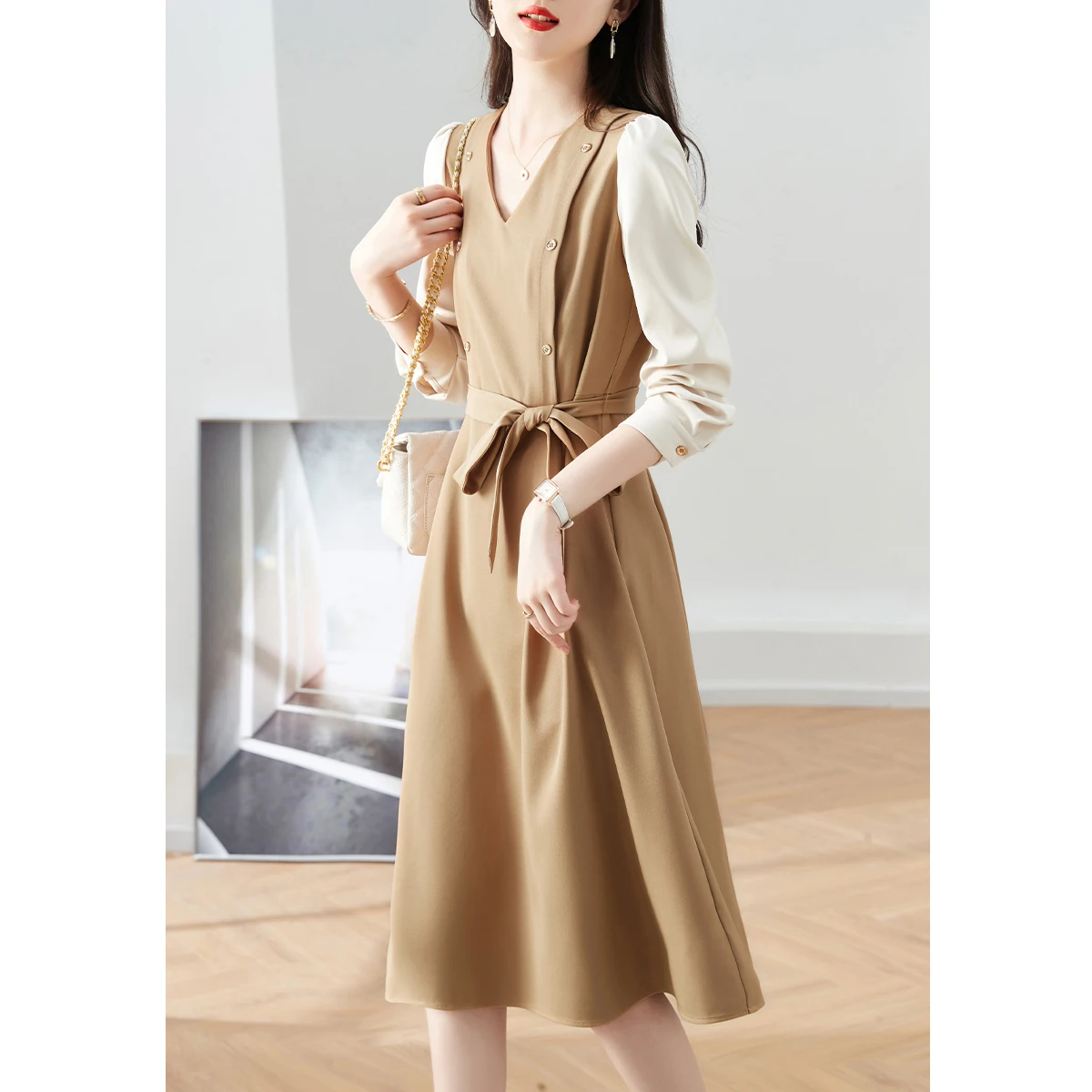 

Женское шифоновое платье-трапеция, платье до колен с V-образным вырезом, в Корейском стиле, для офиса, Осень-зима 2022