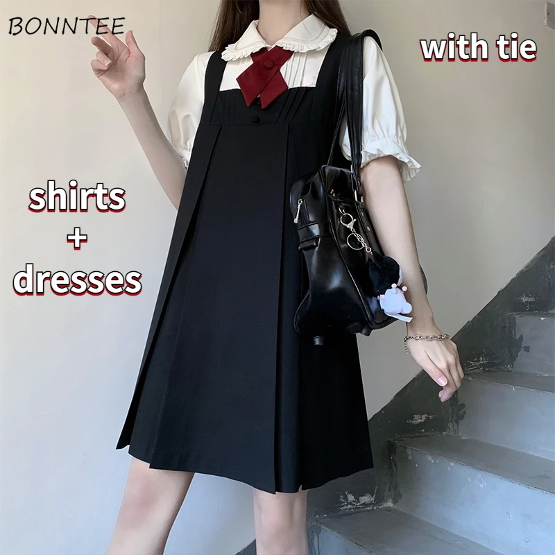 

Women 2 Pieces Sets Pleated Dresses Peter Pan Collar Shirts JK Loose Preppy Japan Style Kawaii Young Summer Girlish Tender Mujer