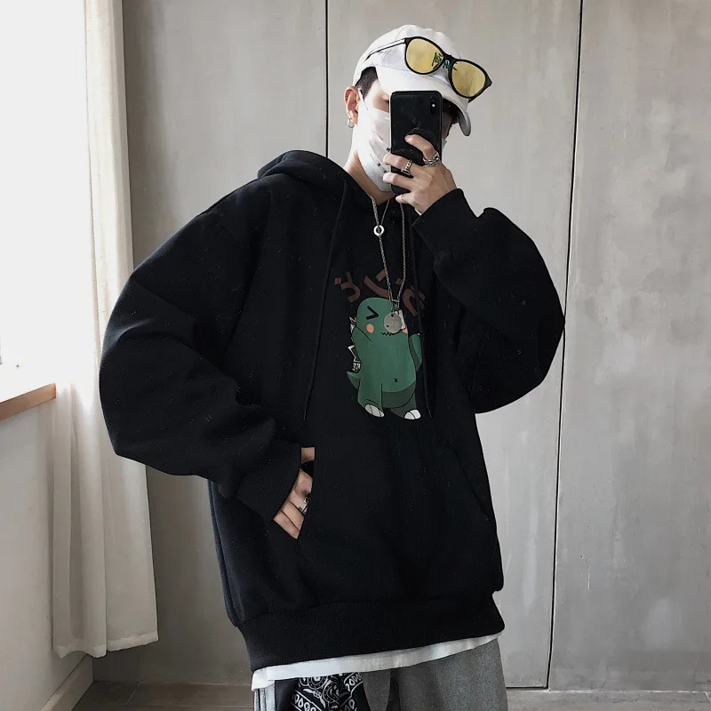 

Harajuku Men Dinosaur Print Hoodie Sweatshirts Spring Autumn Man Anime Loose Plus Size Casual Hooden Pullovers Japan Streetwears