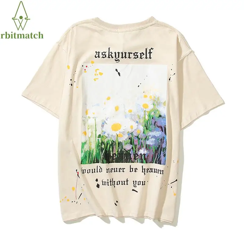 

ASK Oil Daisy Painting Flowers Splash Ink Short-sleeved Distressed Tee Men and Women Hip Hop Casual Short Sleeve Top Tees