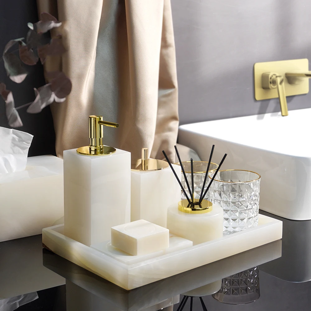 

White Onyx Natural Marble Bathroom Set Luxury Soap Dish Soap Dispenser Tissue Box Toothbrush Holder Bathroom Accessories