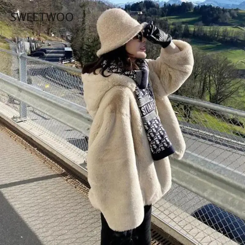 2021 New Autumn Winter Fur Coat Thick Faux Rabbit Coat Hooded Mid-Length Overcoat Casual Warm Women's Clothing Fashion Tide Slim