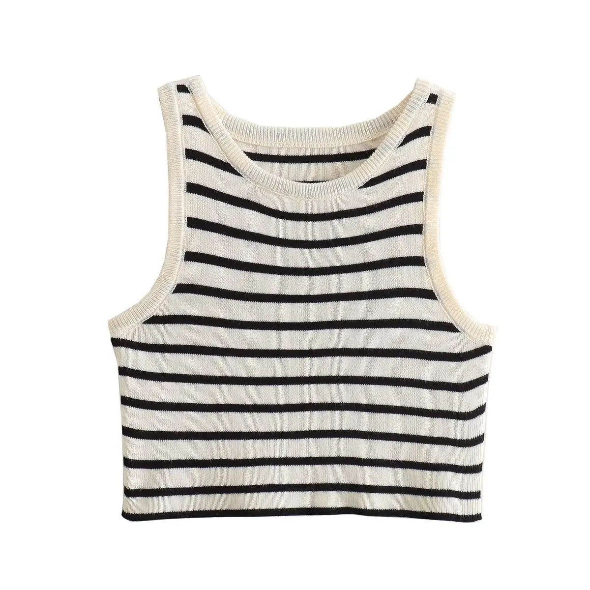 

Women New Fashion Basic Style Cropped Striped Knitted Suspended Vest Vintage O Neck Sleeveless Female Waistcoat Chic Tops