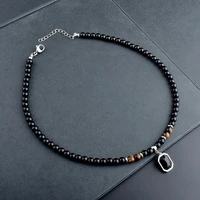 stainless steel tiger eye black crystal pendant necklace men personality fashion natural stone strand beaded necklace jewelry