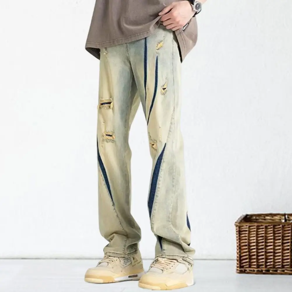 Джинсы мужские прямые из джинсовой ткани потертые джинсы с широкими штанинами на