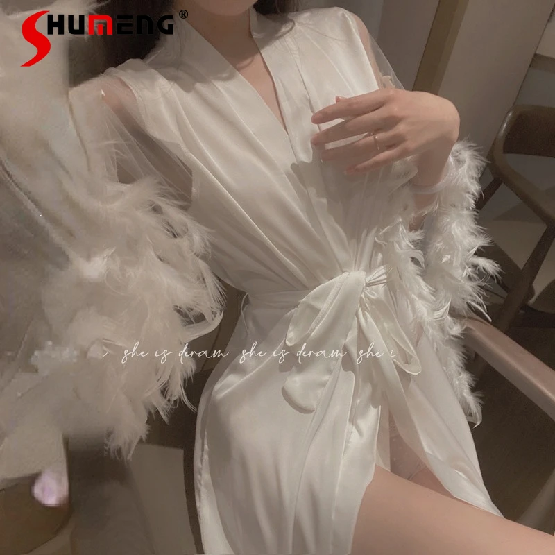 

Элегантная пижама из ледяного шелка с белыми перьями, пижама с феей, женская одежда для сна, новинка весны-лета 2022, свободная длинная Пижама с зауженной талией, ночное белье