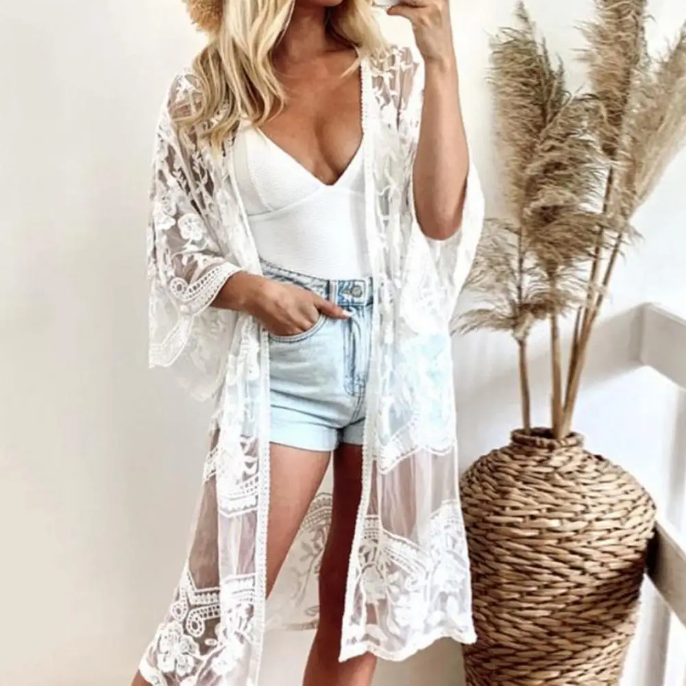 Летнее женское кружевное вязаное крючком бикини кимоно кардиган купальник