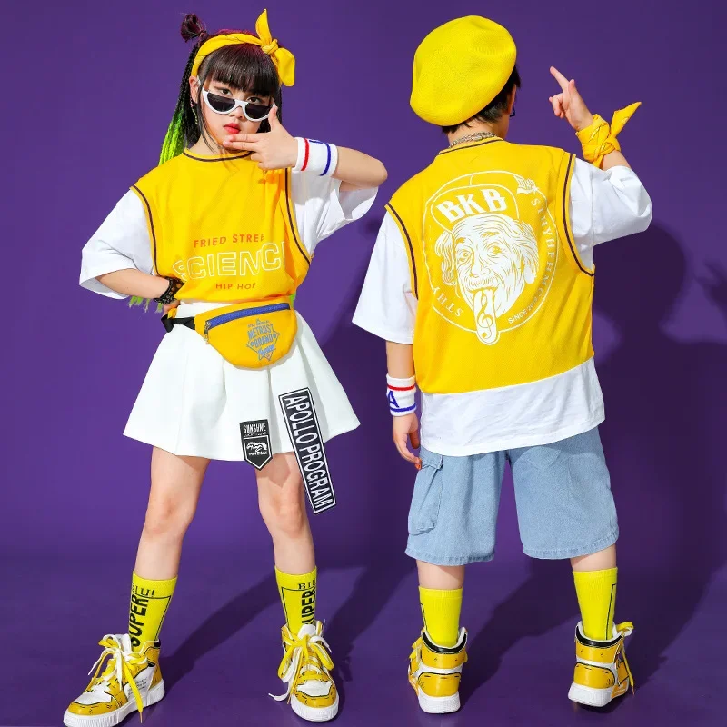 Boys Hip Hop Fake Two Pieces T-shirt Cargo Denim Shorts Girls Summer Skirt Clothes Set Kids Streetwear Child Jazz stage Costumes
