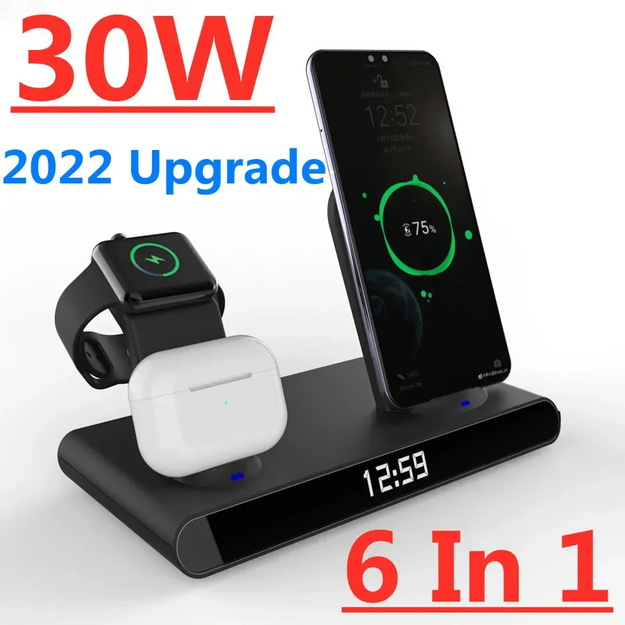 

in 1 30W Wireless Charger Station For iPhone 13 12 11 Pro Max Mini Qi Fast Charging for Apple Watch 7-1 Airpods Pro with Clock