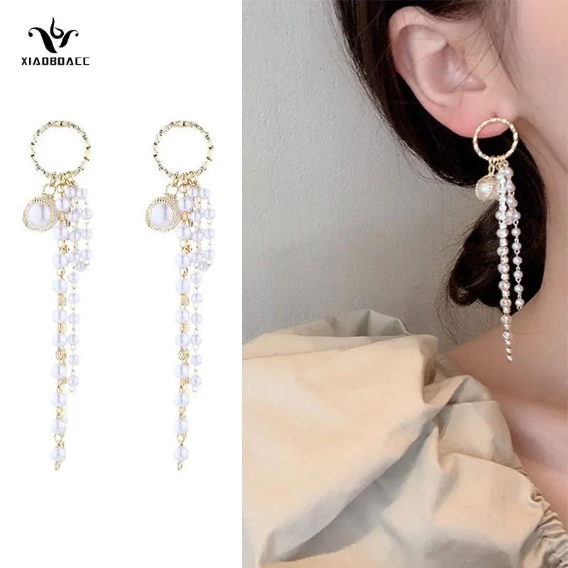 

XiaoboACC S925 Silver Needle Pearl Earrings for Women Fashion Long Tassel Wedding Party Jewelry Accessories