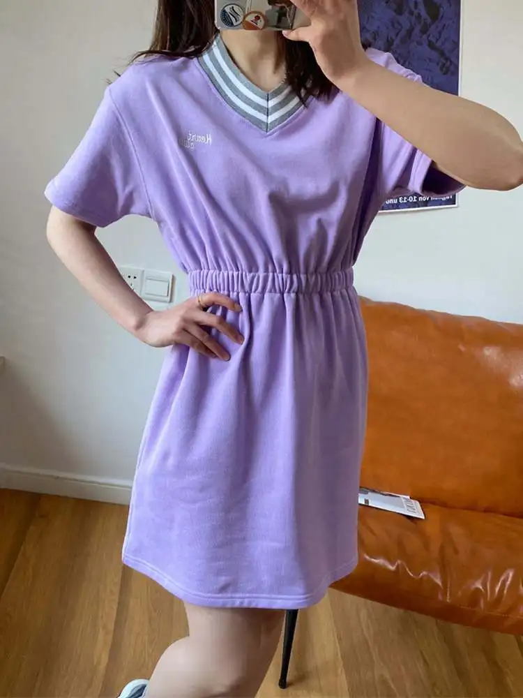 

Summer 2022 Slim Waist V-neck Casual Short-sleeved Women Dress Mini Dress