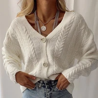 casual white sweater women 2021 autumn winter kintted wear solid color twist button cardigan sweater women full knit cardigans