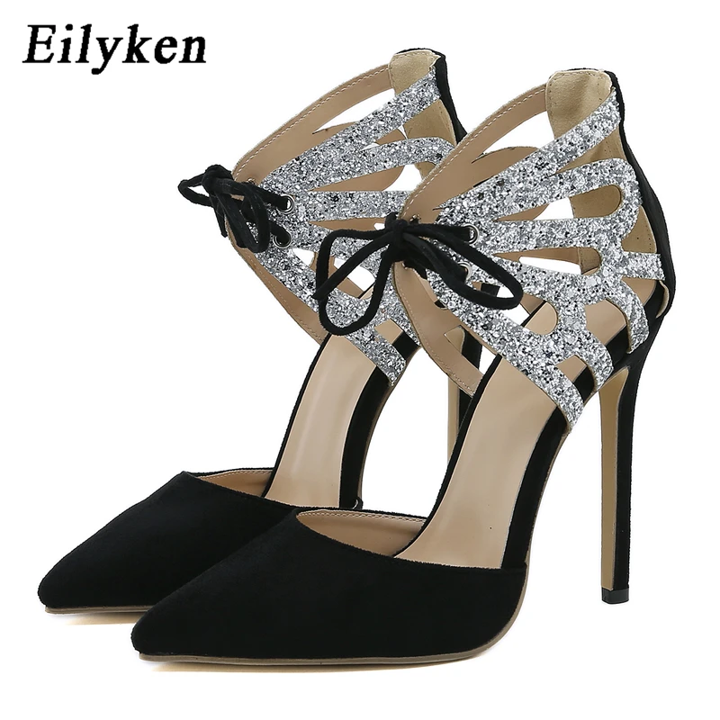 

Eilyken/Новинка; Пикантные женские босоножки из ткани с блестками и перекрестными ремешками на лодыжках; Элегантные стильные туфли на высоком каблуке-шпильке с острым носком для стриптиза