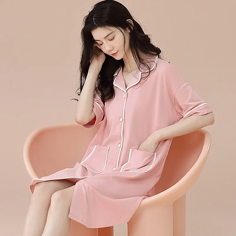 Летняя хлопковая ночная рубашка женский кардиган с короткими рукавами платье