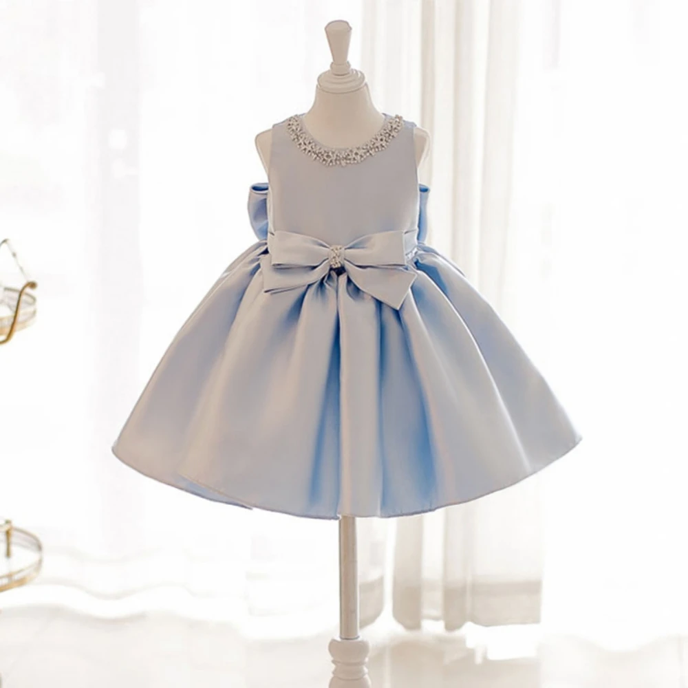 

Toddler Bow Bridemaid Baby Girls Dresses Elegant Blue 1st Birthday Baptism Piano Princess Kids Party Dress for Girl Wedding Gown