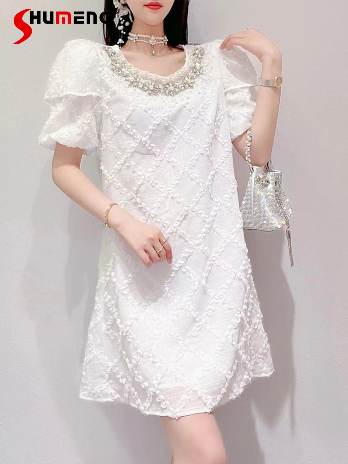 

New Female Fashion Sweet O-neck Classic Style Pullover Dress Women's 2022 Summer Fairy Beads Rhinestone Slimming Short Dress