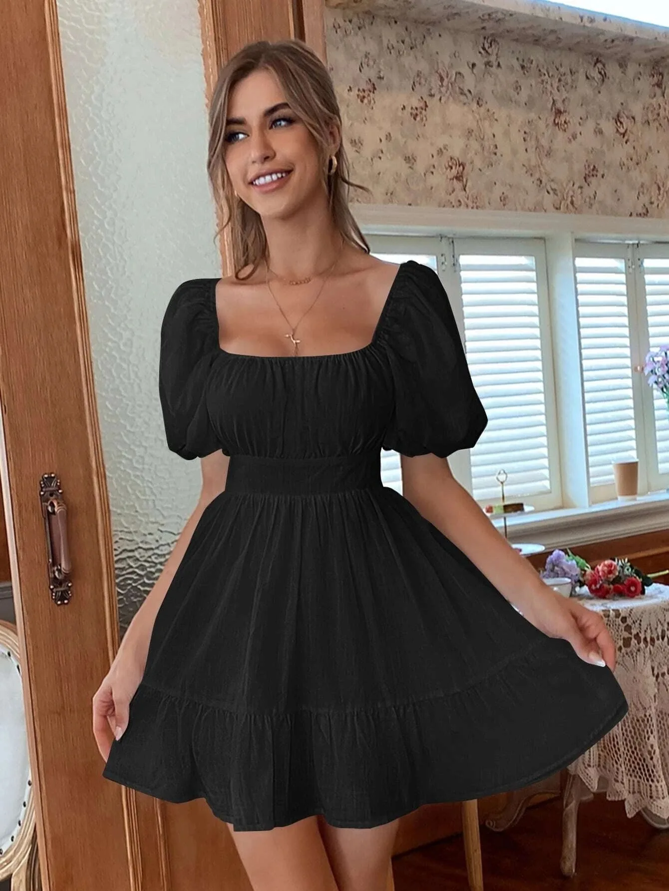 

Summer New Bow Knot Sweet Temperament Commuter Backless Dress Mini Skirt White Girl A Line Short Sleeve Skirt Preppy Style Dress