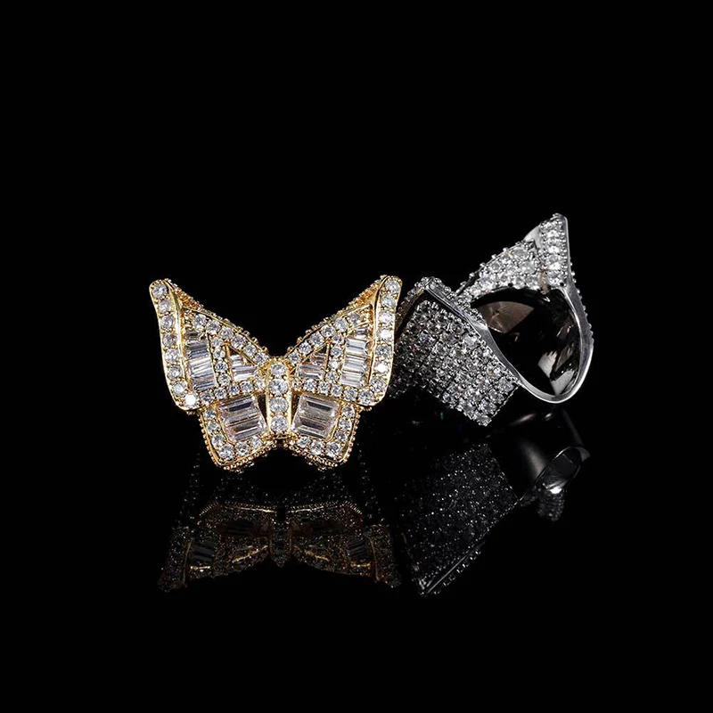 

Кольцо в стиле хип-хоп для мужчин и женщин, украшение в виде ледяной бабочки с фианитом 3A +, блестящее ювелирное изделие высокого качества, цвет под золото и серебро