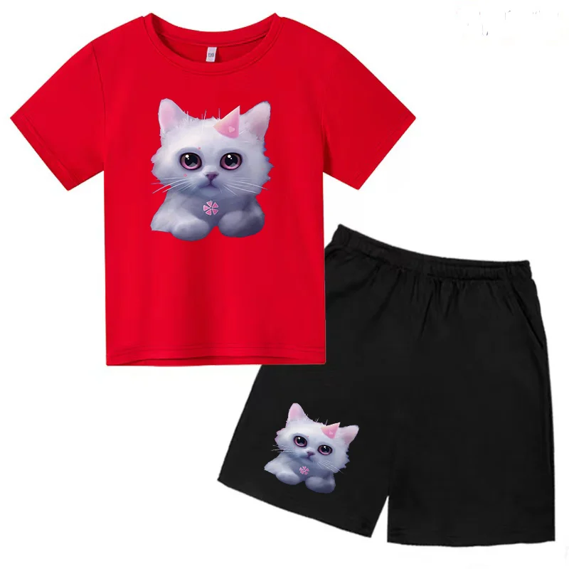 

Cat Girl Clothes Boys Animal Print Children's Shorts Cotton Summer Lively Cute Charming Funny Beauty T-shirt Top 2023 Age 4-14