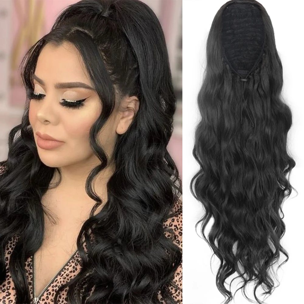 Synthetic Ponytail Extensions Long Wavy Drawstring Ponytail Clip In Hair Extensions Natural Black Brown Hairpiece For Women