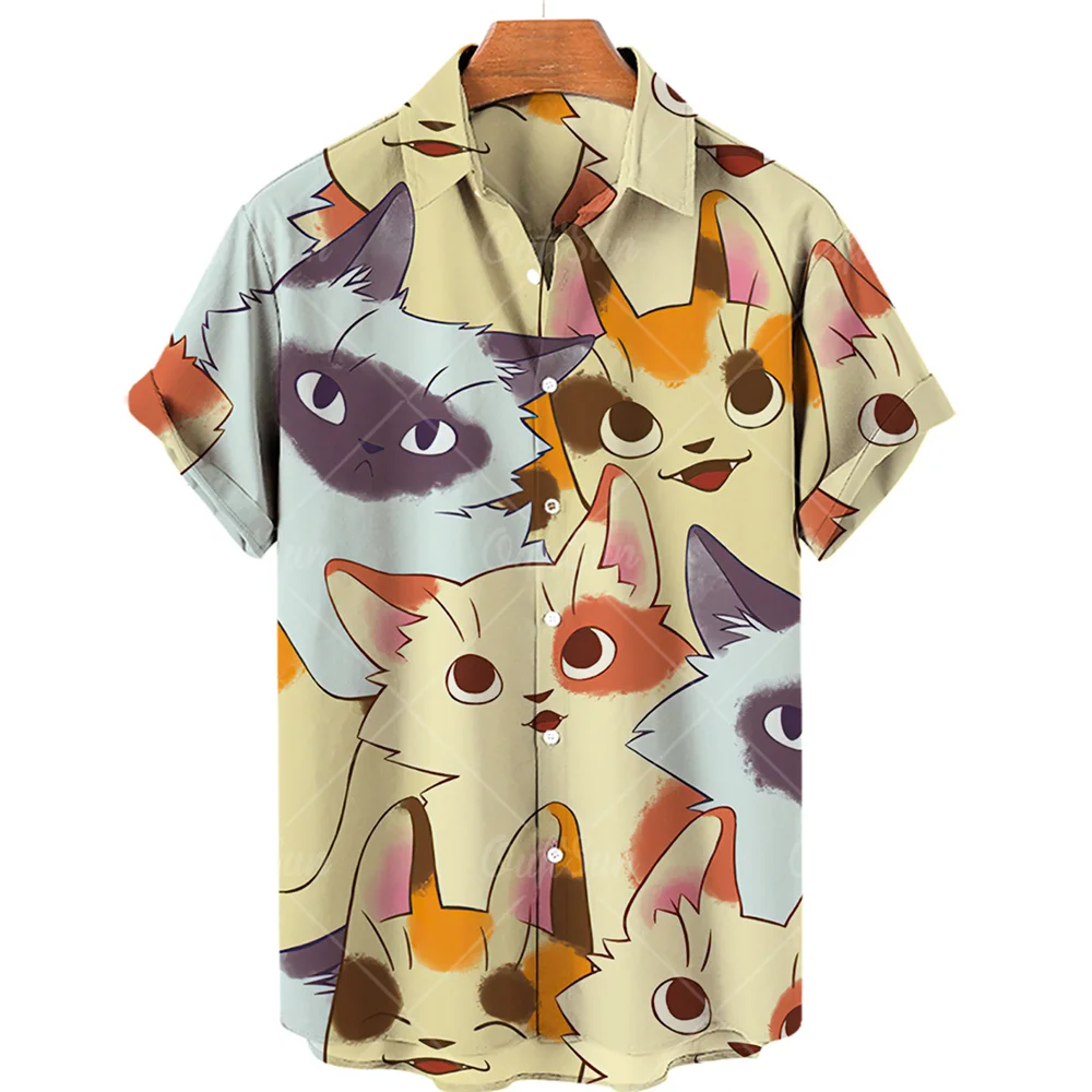 

Cat Print T-shirt Summer 2022 New Cotton Soft 3d Clothes Men/Women V-neck Fashion Buttons Personality Tops Hawaiian Lapel Shirts