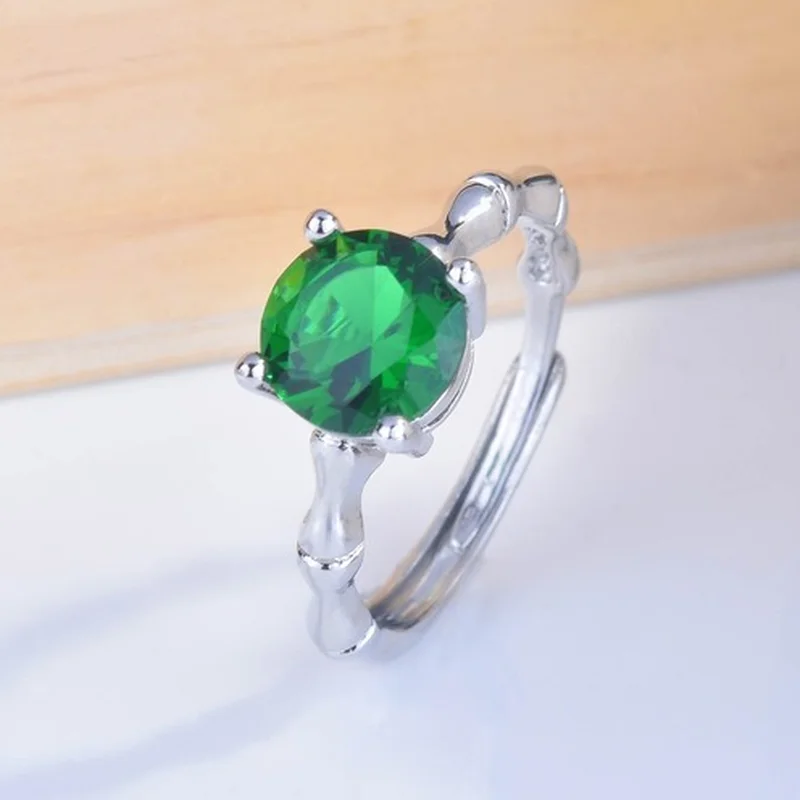 

Vintage 925 Silver Creative Bamboo Women's Emerald Open Ring Party Gift Jewelry Ring Wholesale