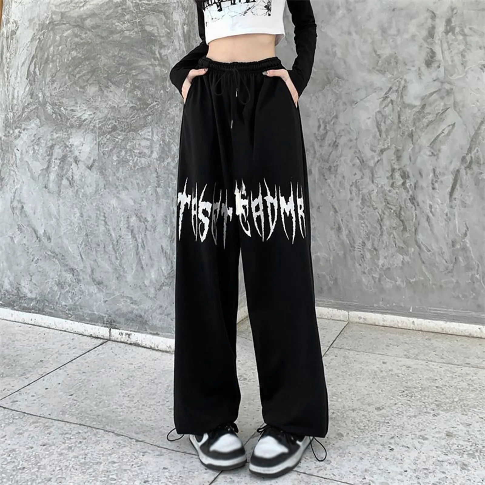 

Women Y2k Casual Joggers Pants Elastic High Waist Leggings Sport Trousers Drawstring Oversize Loose Wide Leg Pants Streetwear