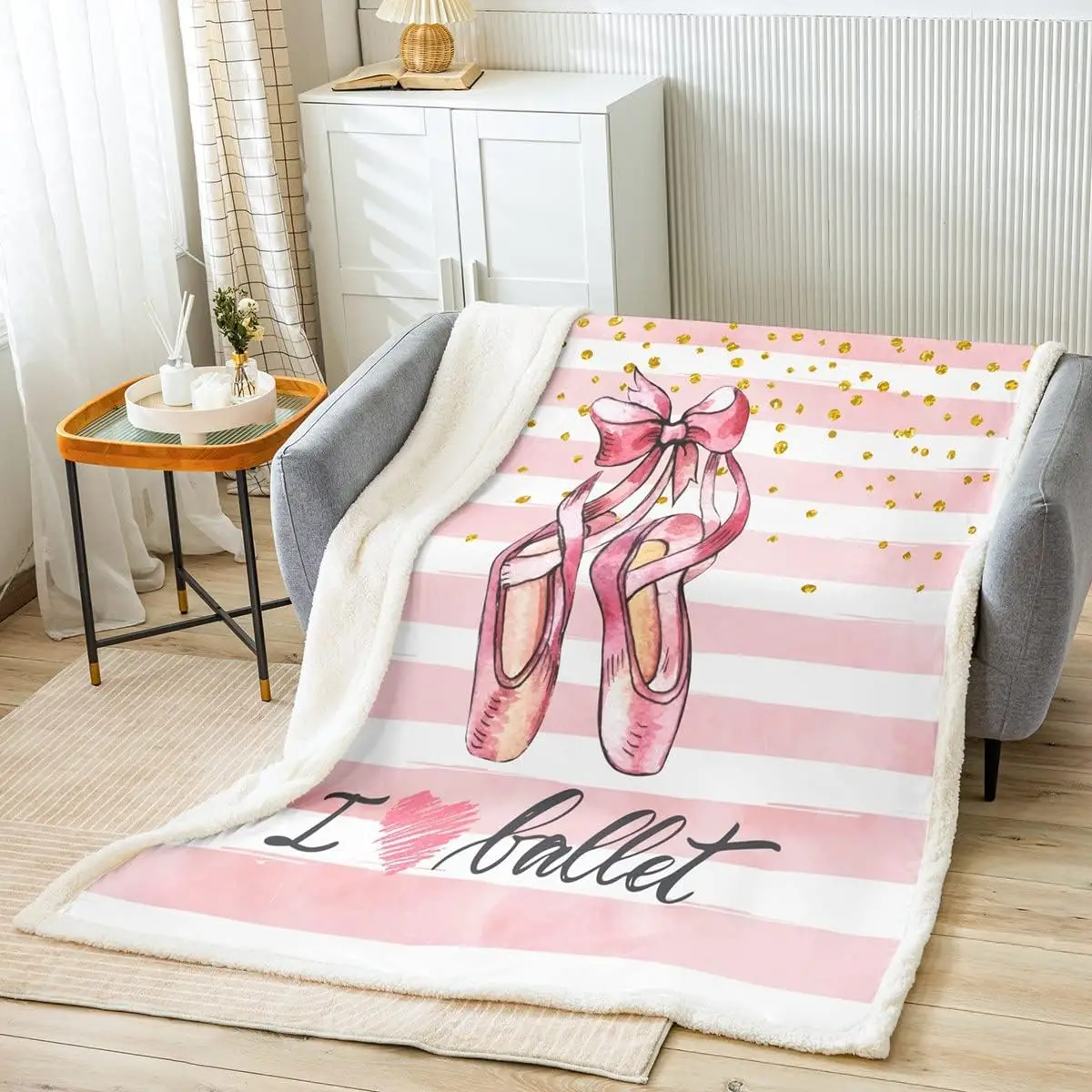 

Ballet Throw Blanket Pink Ballet Shoes Blanket for Couch Sofa, Watercolor Stripe Print Bed Blanket for Kids Boys Girls