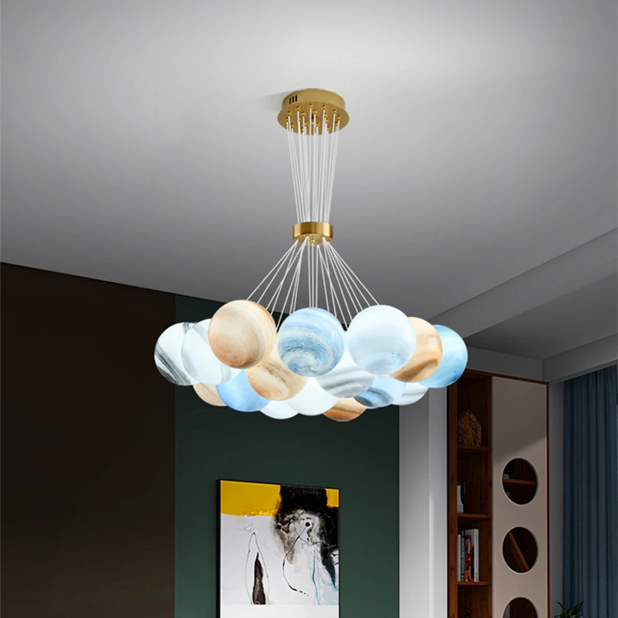 

Nordic LED Living Room Planet Chandelier Creative MoonBubbleBall Bedroom Decor Chandeliers Kitchen Island Indoor Light Fixtures