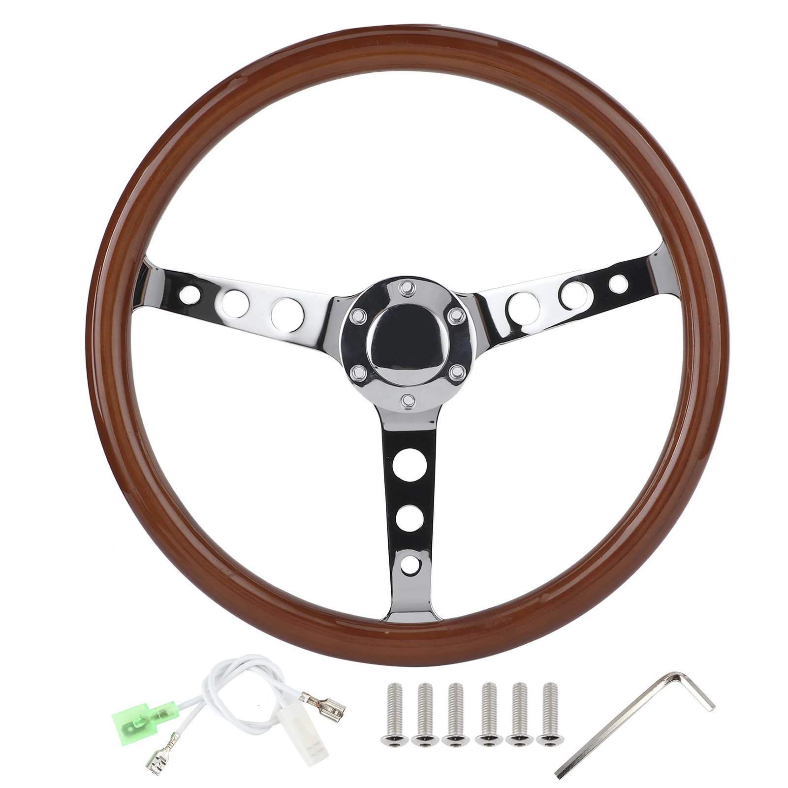 

15in 6-Hole Steering Wheel Retro Mahogany Wood Grip Stainless Steel Spoke with Horn Cover Cable