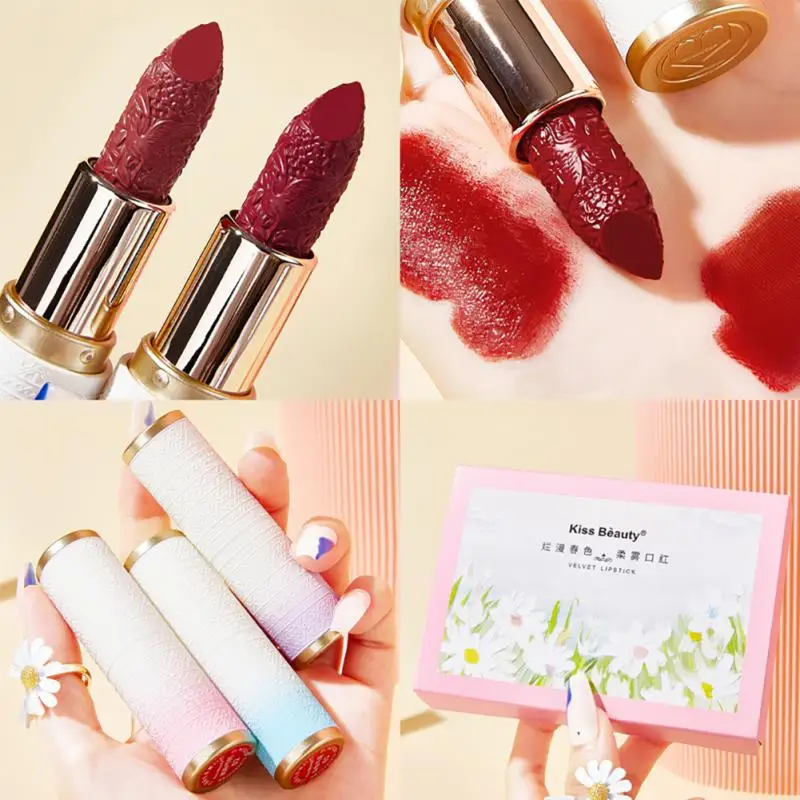 

Delicate Matte Lipstick Soft Mist Lipstick 3d Embossed Lipstick Waterproof Lasting Colored Velvet Matte Lip Gloss 3pcs Set