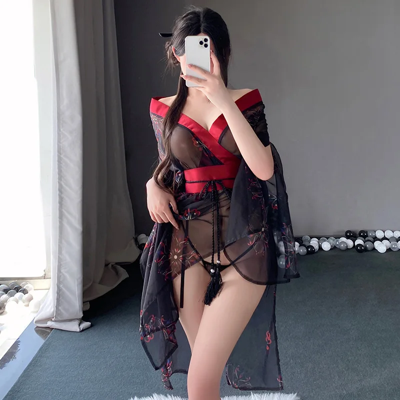 

Japan Print Kimono Fashion Deep V Cleavage Black Lace Sleepwear Sexy Lingerie Porn Robe Erotic Costumes Cosplay Kimono Uniform