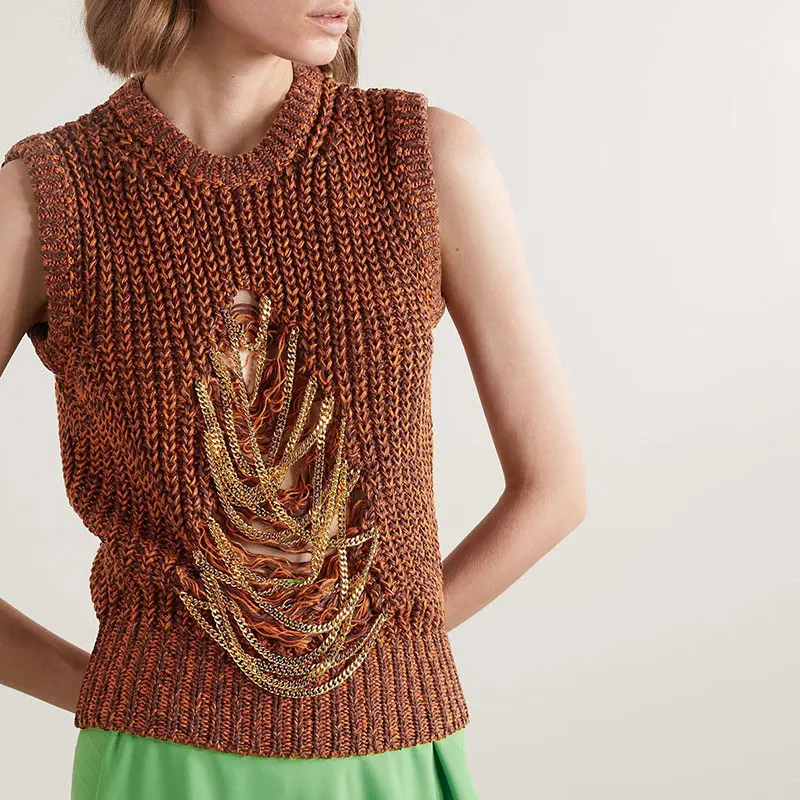 

2023 autumn new heavy industry chain hollowing process sleeveless sweater sweater vest sleeveless sweater top