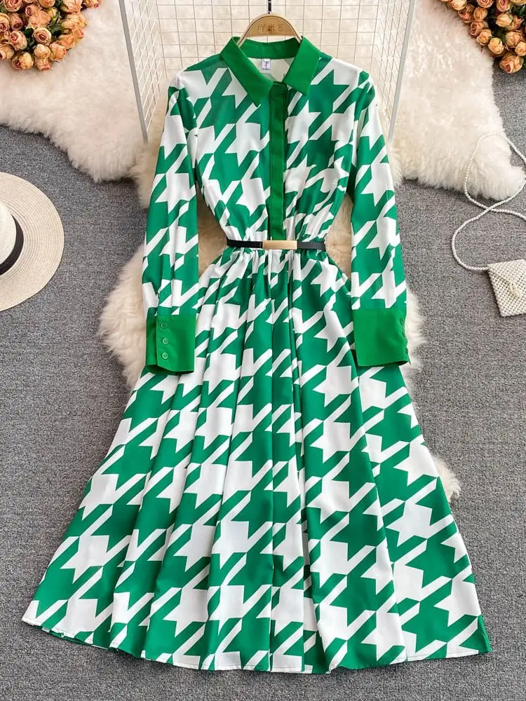 

Runway Design Houndstooth Maxi Dress Women's Turn-down Collar Long Sleeve Spring A Line Party Dress with Belt