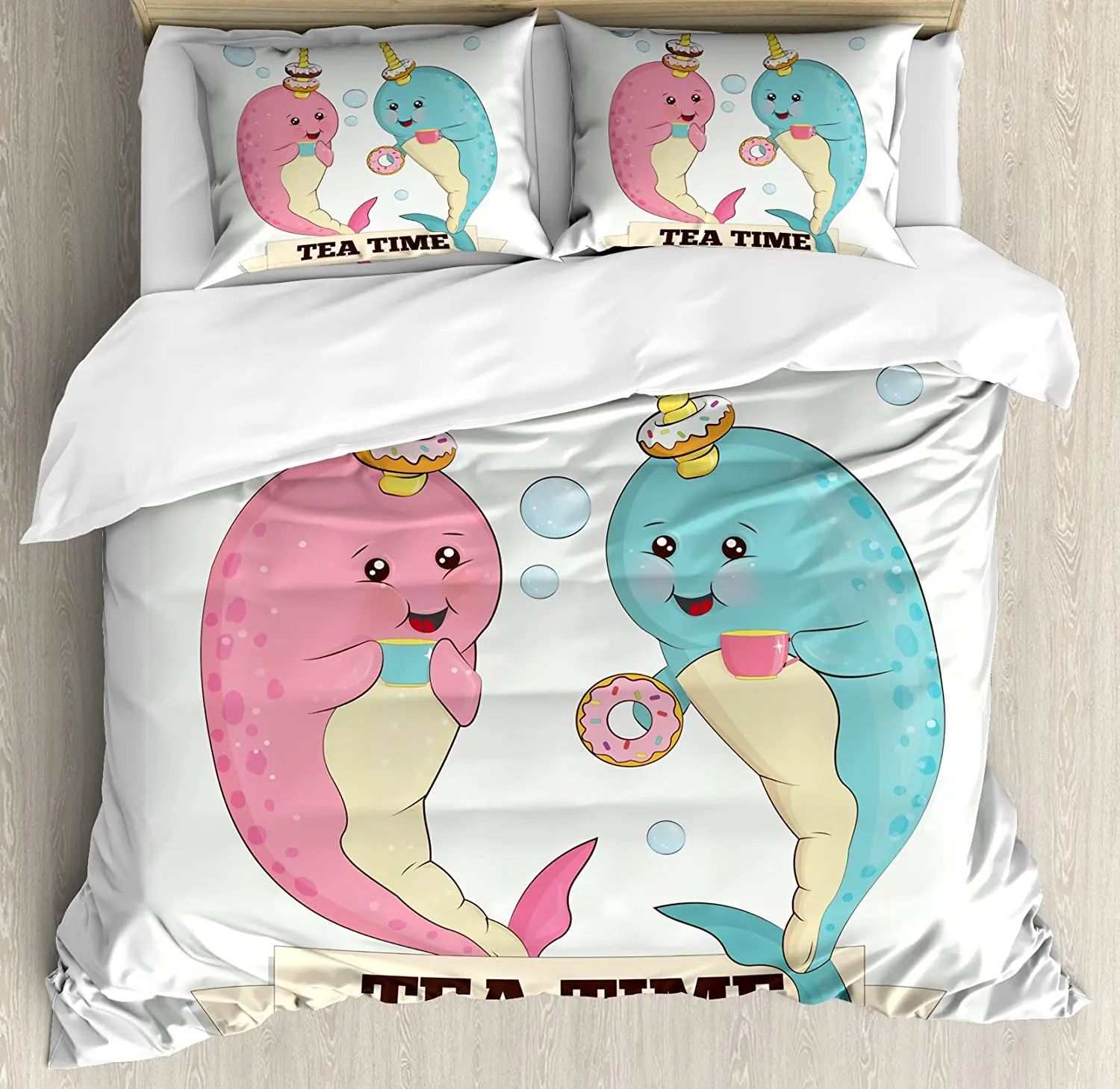

Narwhal Bedding Set For Bedroom Bed Home Tea Drinking Whales Ocean Unicorn with Abstract B Duvet Cover Quilt Cover Pillowcase