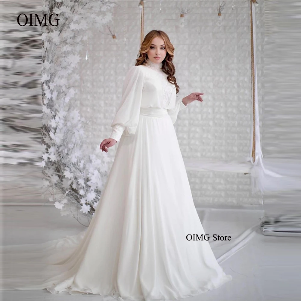 

OIMG Modest A Line Chiffon Saudi Arabic Wedding Dresses Puff Long Sleeves Cuff High Neck Applique Pearls Bridal Gown Plus Size