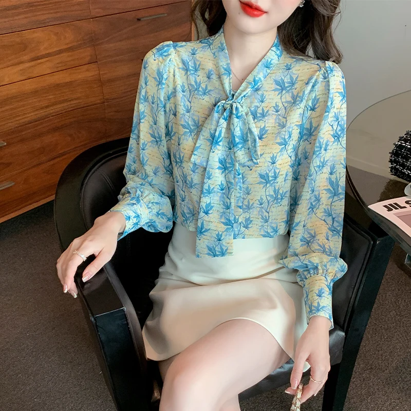 

Женская рубашка с цветочным принтом и галстуком-бабочкой, яркая шифоновая рубашка со светодиодной подсветкой, женская блузка во французско...